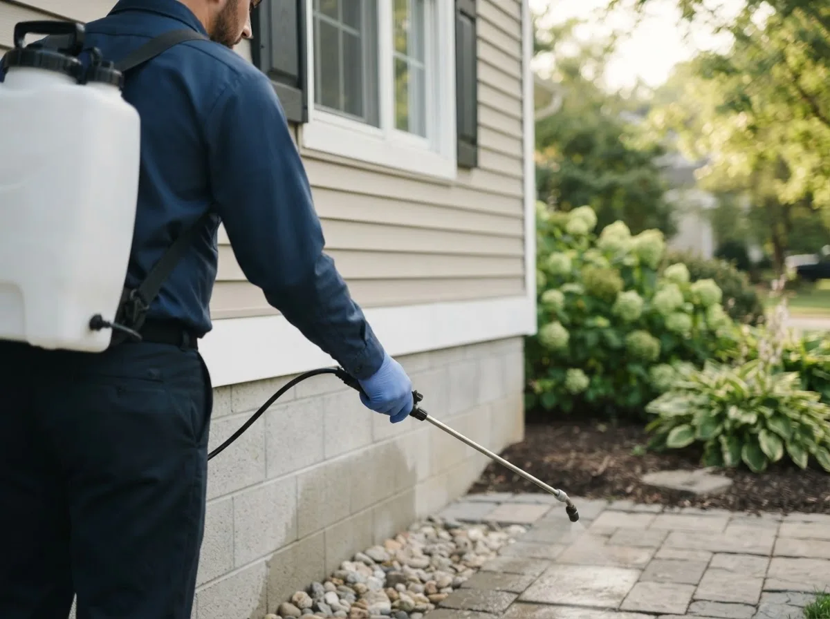 Pest control technician inspecting a home in Francisco, IN